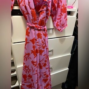 Ann Taylor Floral midi wrap dress pink and red.  Just in time for holidays.
